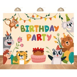 PEKRU 7x5ft Cartoon Animal Birthday Backdrop Cute Jungle Animal Theme Elephant Monkey Tiger Bear Boys Girls Birthday Party Decoration Photo Booth Photography Props