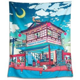 NAVNAWM Japanese Anime Cityscape Tapestry Wall Hanging, Night Scene Design, 51 x 59 inches, Blue and Pink, for Bedroom Living Room Dorm Décor