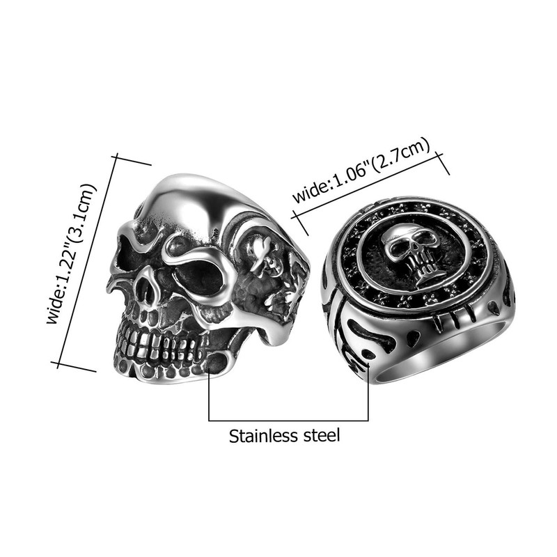 OIDEA 2Pcs Bikers Stainless Steel Gothic Skulls Ring,Black Silver, Size