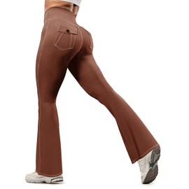 SEASUM Cargo Yoga Flare Leggings for Women Flap Pockets Butt Lifting Workout Gym Contrast Stitching Bootcut Casual Pants Khaki L