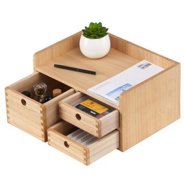 KIRIGEN Desk Organizer with 3 Drawers - Wood Drawer Storage Box with Trays for Tabletop - Workspace Office Toiletries Supplies Tool Caddy - Wooden Storage Cabinet Natural（DT1D3C-NA）