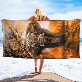 Violetpos Quick Drying and Lightweight Beach Towels Beach Towel Large 90 x 180 cm Quick-Drying Microfibre Printed with African Elephant Sunset