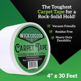 WickedGood Double Sided Carpet Tape for Area Rugs - Heavy Duty Rug Tape w/Strong Adhesive to Keep Rug from Sliding, No Residue Removal, for Indoor & Outdoor Use, Vacuum-Friendly (4" x 30ft, White)