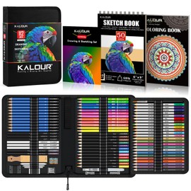 KALOUR PDAS 112 Drawing Set Sketching Kit, Pro Art Supplies with 3-Color Sketchbook & Coloring Book, Neon, Colored, Watercolor, Metallic, Graphite, Charcoal Pencils, Gift for Artists Adults Teens