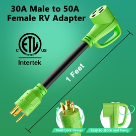 30 Amp to 50 Amp RV Generator Adapter Cord, NEMA L5-30P Twist Lock Male Plug to NEMA 14-50R Female Receptacle with Handle, STW, 10AWG, Electrical Power Cord for Generator to RV Trailer Camper, 1FT