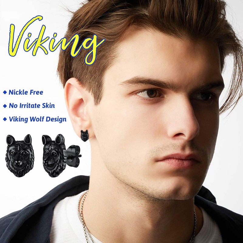 Norse Viking Wolf Stud Earrings Stainless Steel Retro Fenrir Ear