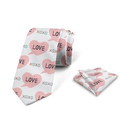 Ambesonne Romantic Men's Tie Set, Valentine's Day Hearts Along Xoxo Letters Love Themed Teenage Birthday, Necktie Set Groom Handkerchief for Parties Weddings & All Occasions, Pale Pink and White