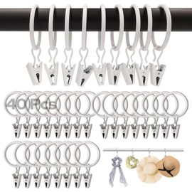 40Pcs Curtain Rings with Clips, White Premium Drapery Clips with Rings, Hangers Drapes Ring 1.26 inch Interior Diameter, Fits up to 1 inch Curtain Rod