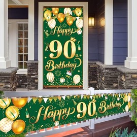 Green Gold 90th Birthday Door Banners Party Decorations, Green Gold 90th Birthday Yard Decorations, Green Gold Happy Birthday Door Cover Backdrop Party for Outdoor Party Decorations Supplies.
