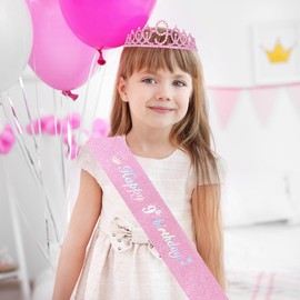 Leixi 9th Birthday Decorations for Girls,Pink Birthday Sash and Crown Tiara Set,Happy 9th Birthday Party Supplies(Pink 9th)