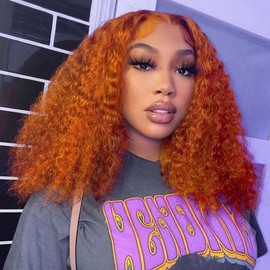 16 Inch Orange Ginger Bob Wig Human Hair 13x4 HD Short Frontal Curly BOB Wigs For Black Women 200% Density Pre Plucked Wet and Wavy Short Bob Curly Human Hair Wig 350#
