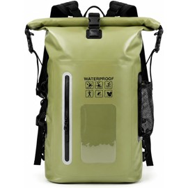 Mochila Impermeable 25L, Bolsa Seca Impermeable IPX6 de PVC, Dry Bag con Separación Húmeda y Seca, Correas Desmontables, 3 Formas de Llevar, para Playa, Pesca, Camping, Kayak y Natación (Verde)