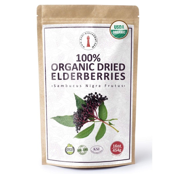 100% USDA Certified Organic Dried Elderberries - 1 lb Bulk European Whole Dry Black Elderberry - Wild Crafted, Raw, Non-irradiated, Kosher, Non-GMO, Vegan, Sambucus Nigra L. - Make Natural Tea / Syrup