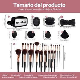 51 Piezas Set de Brochas de Maquillaje Profesional Completo, para Brochas de Maquillaje, Esponjas para Polvos, Cuencos para limpiar y bolsa de maquillaje para maquillaje de ojos y rostro, Regalar para Valentine's Day(Negro)