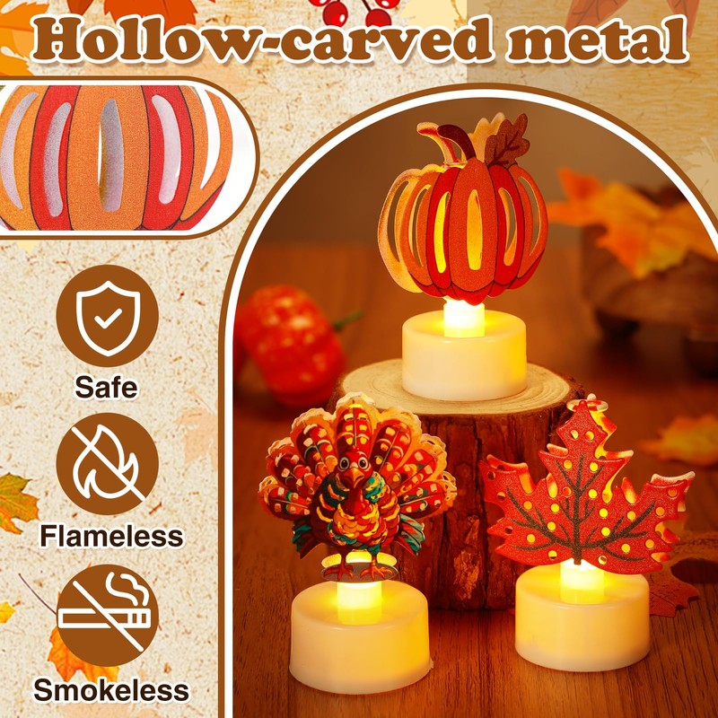 Thanksgiving Tea Lights Flameless Candles - Turkey Pumpkin Maple Leaf