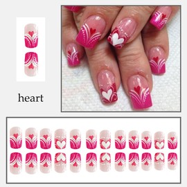 24Pcs Heart Press on Nails Square Pink French Tip Fake Nails Valentine's Day False Nails with Romantic Love Heart Designs Full Cover Stick on Nails Heart Nails Press ons Acrylic Nails for Women