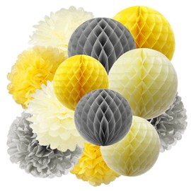 Pack of 12 Tissue Paper Pompoms and Honeycomb Balls Decorative Paper Kit for Birthday Wedding Baby Shower Parties Main Decorations, Pompoms Decoration, Confetti Honeycomb Balls Decoration, Yellow Grey