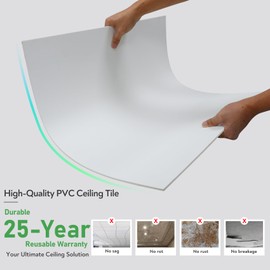 STICKGOO Smooth Drop Ceiling Tiles 2ft x 2ft, PVC Ceiling Tile 24 x 24in - Waterproof, Fire-Rated to Prevent Breakage - Package of 12 Tiles Cover 48 Sq. Ft, White