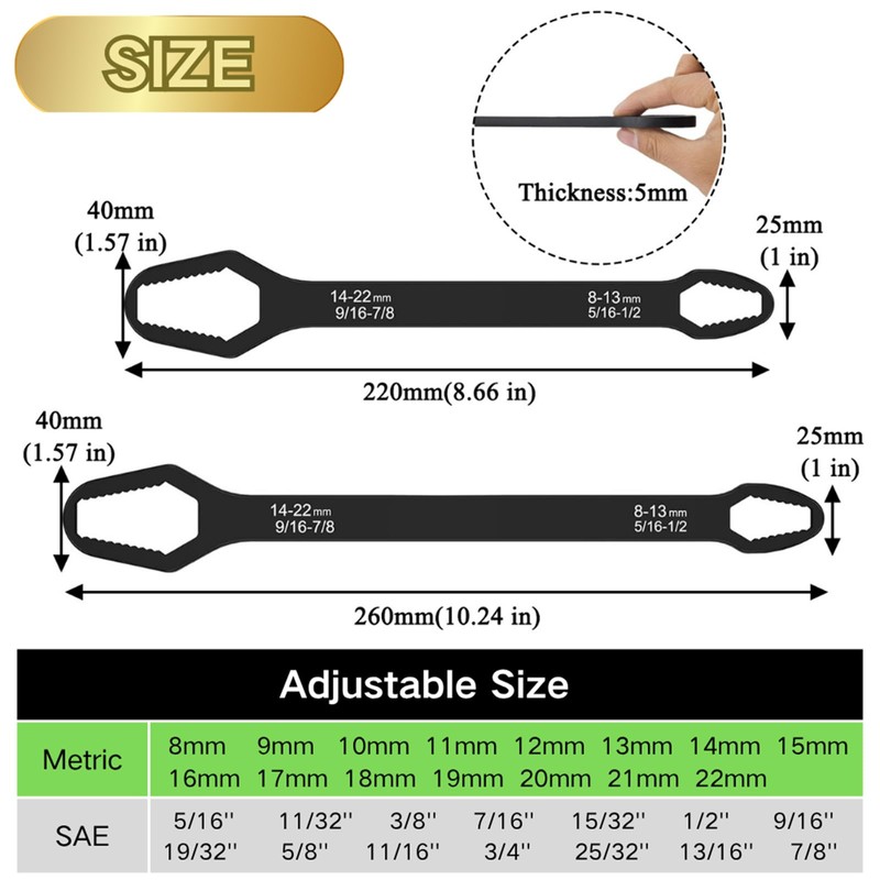 Teocpai 2 Pcs Black Universal Wrench Set, 8-22mm Universal Multifunctional