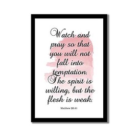 Elvoes Bible Verse Printable Wood Framed Sign Scripture Prints Christian Gift Wall Decor for Home 8x12 - The Spirit is Willing, But The Flesh is Weak.Matthew 26:41