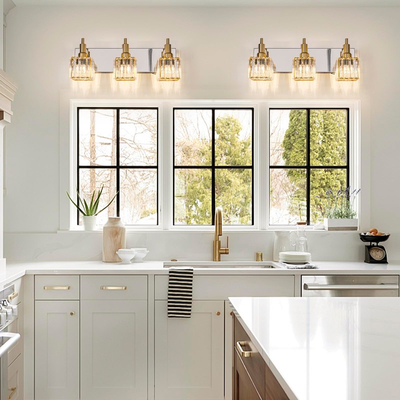HUOKU Crystal Bathroom Vanity Light Gold Chrome 3-Light Modern Bathroom
