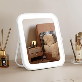 Vanity Mirror with Lights, 8" x 10" Lighted Vanity Mirror with 3-Color Dimmable LED, HD Professional Mirror with Lights, 360° Rotation, Portable Makeup Mirror for Bedroom, Travel, No Battery (White)