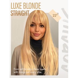 GORGIUS Straight Glueless Wig with Bangs Golden Blonde Layered Hair Ready-to-Go Synthetic Bang Wigs with Realistic Scalp 24 Inch