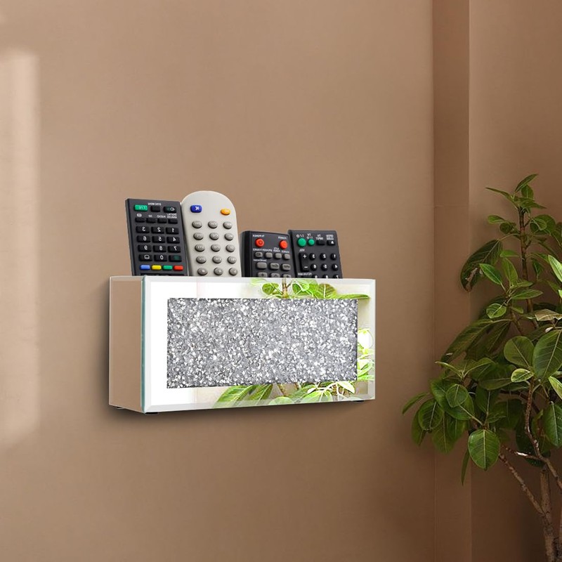 Pibeyer Mirrored Remote Control Holder Wall Mount, Silver Crush Diamond