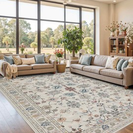 Rugxara 8x10 Rugs for Living Room & Bedroom,Floral Washable Rug,Boho Area Rug, Large Non Slip Low Pile Wool Carpet for Indoor Dining Room,Girls Room,Nursery Room and Kids Room(Grey 8x10ft)