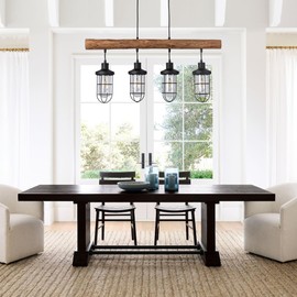 Farmhouse Kitchen Island Pendant Light Fixture, Wooden Dinning Room Chandelier, Rustic Country Hanging Lamp for Dinning Room, Warehouse, Vintage Shops, 4 Metal Shades