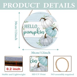 Pigort Hello Fall Teal Pumpkin Patch Front Door Sign - Autumn Maple Rustic Wood Decor for Outdoor Porch & Indoor Wall Hanging 12x12inch
