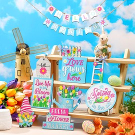 Bucherry 24 Pcs Hello Spring Flower Tiered Tray Decor Sets Tulip Dwarf Fence Wooden Ladder Flowers Decorations Table Wooden Sign Tabletop Rustic Tiered Tray Decor for Holiday Party Home Kitchen Shelf