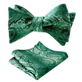 Alizeal Mens Gradient Color Handmade Paisley Self-tied Wedding Bow Tie and Pocket Square Set, Dark Green