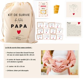 Dad-to-Be Survival Kit - Box for Dad for Birth - Organic Cotton Bag with Surprise Cards & Jokers - Ideal for Baby Shower, Pregnancy Announcements, Gender Reveal