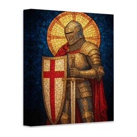 Knight of the Cross 28x36 Stretched Canvas, Medieval Knight in Full Plate Armor, Christian Valor, Faith, and Bravery Art for Churches, Prayer Rooms, Man Caves, Libraries, Historical Décor