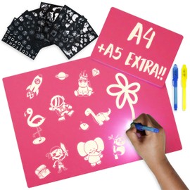 Bonnyco Magic Pad A3 and A5, 6 Stencils, 2 UV Pens, Boys and Girls Gifts, 3, 4, 5, 6, 7, 8, 9, 10 Years, Painting Board, Magic Board, Children's Toy, Birthday and Christmas, Luminous