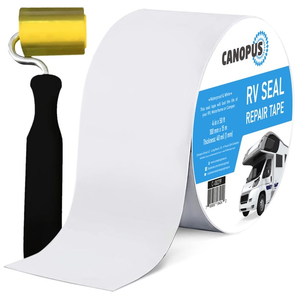 CANOPUS RV Sealant Tape, White, 4 Inch x 50 Feet with Roller, Roof Patch Repair Tape, Waterproof Leak Tape for RV punctures, Boat Sealing, Camper, Awning, Canopy, Tents, Tarpaulin and Greenhouse