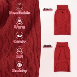WOYYHO Long Sleeves Dog Sweater with Leash Hole,Classic Turtleneck Knitwear for Dog,Cold Weather Thick Warm Cable Sweater for Bulldog Dachshund Pug (Red,S)