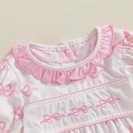 Baby Girl Outfit Short Sleeve Frill Round Neck Bow Embroidery Print Bubble Romper Infant Newborn Girls Clothes Spring Summer (Pink, 6-12 Months)