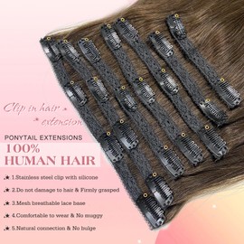 Royaomis Clip in Hair Extensions Real Human Hair, 16inch 120g 7pcs Human Hair Clip in Extensions for Women, Remy Dark Brown Hair Extensions Clip Ins, Soft & Natural Human Hair Extensions（16-#2）