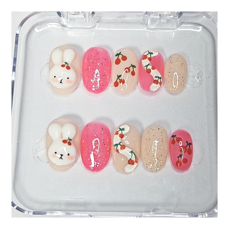 Cherry Rabbit Handmade Nail Tips - Short Coffin / 체리