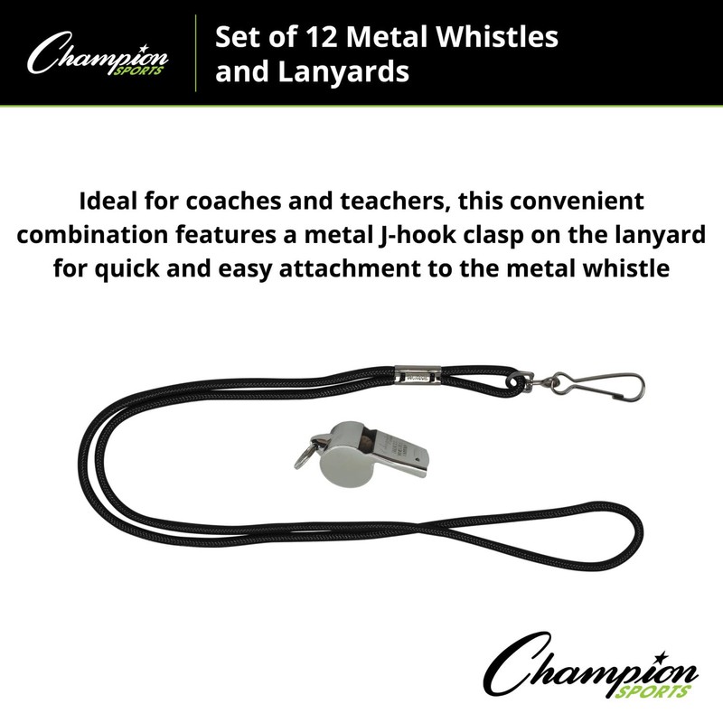 Champion Sports Metal Whistle with Lanyard - 12 Pack