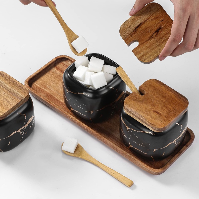 Spice Jars Set, 3 Pieces Ceramic Sugar Bowl with Lid