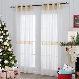 L.Z.E Christmas Curtains Gold White for Living Room with Eyelets 245 cm Long Curtain for Bedroom Gold White Set of 2 Eyelet Curtains Eyelet Curtain Transparent Modern 140 x 245 cm Long
