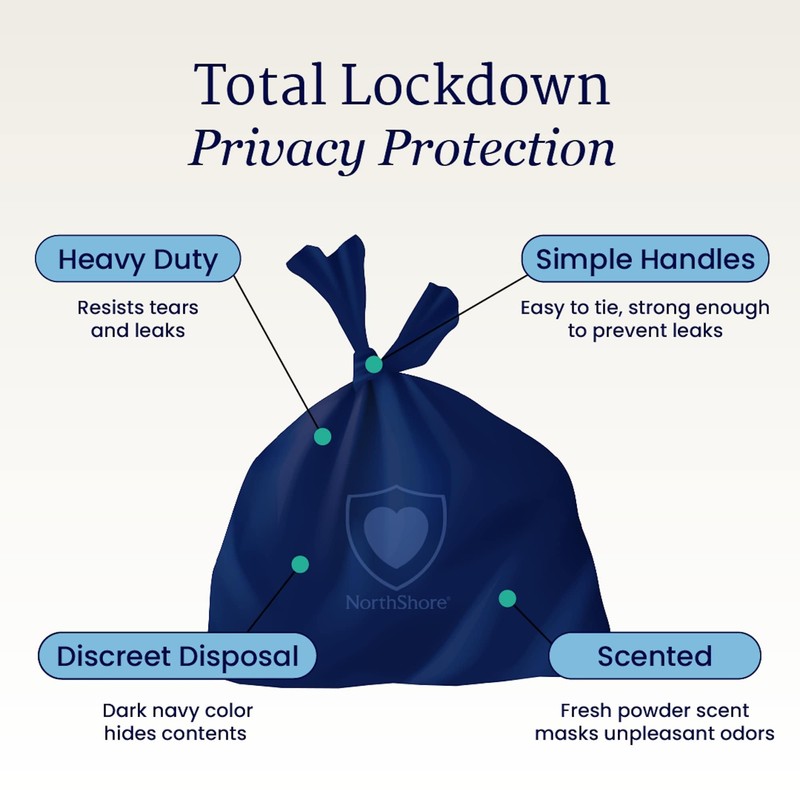 NorthShore DiscreetShield Disposal Bags for Adult Diapers, 25-Count, Opaque Navy,