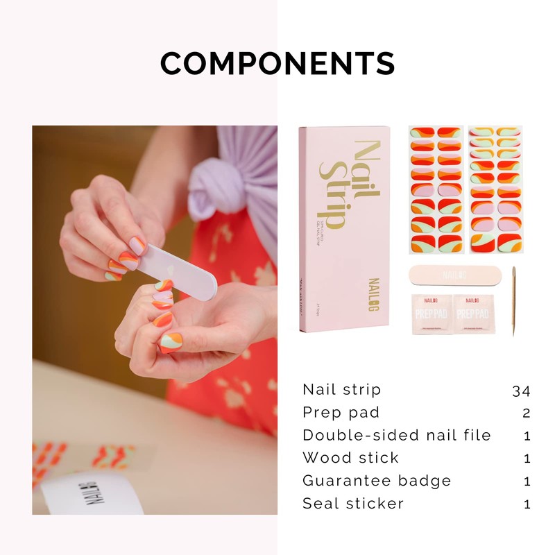 NAILOG Semi-hardened Gel Nail Stickers (34 Pieces), Long Lasting, Salon
