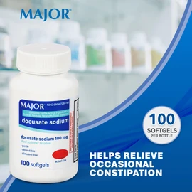 MAJOR Docusate Sodium 100mg Softgels, Stool Softener Laxative for Occasional Constipation Relief - Gentle, Dependable, Stimulant-Free, 100 Count (2-Pack)