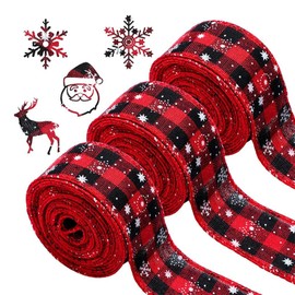 3 Rolls Christmas Ribbons Christmas Hessian Ribbon Wrap Ribbon Red and Black Checked Gift Ribbon Craft Ribbon Fabric Ribbons for Gift Bow Craft Decoration