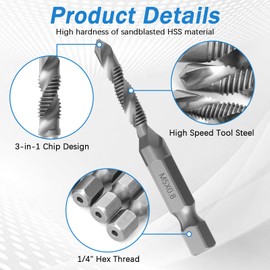 6Pcs HSS Thread Tap Drill Bit Set, 1/4” Drills and Taps Set Spiral Point Coarse Screw Taps Combination Metric Hex Shank left Handed Drill Bits Hand Tap Tools in M3 M4 M5 M6 M8 M10