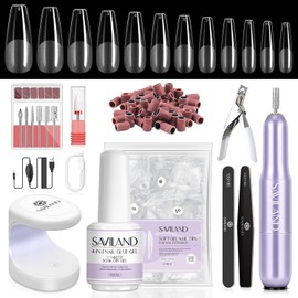 SAVILAND Gel Nail Kit: Fake Nails with Nail Drill Kit Long Coffin and Nail Glue X Gel U V Lamp for Nails 500 pcs Nail Tips for Extension At Home Nail Kit DIY Gift for Christmas